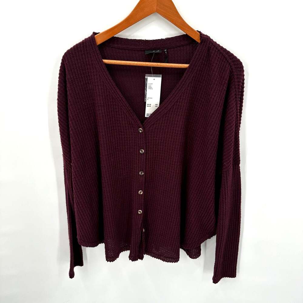 URBAN OUTFITTERS NWT Plum Knit Thermal Button Down V Neck Long Sleeve Top // S